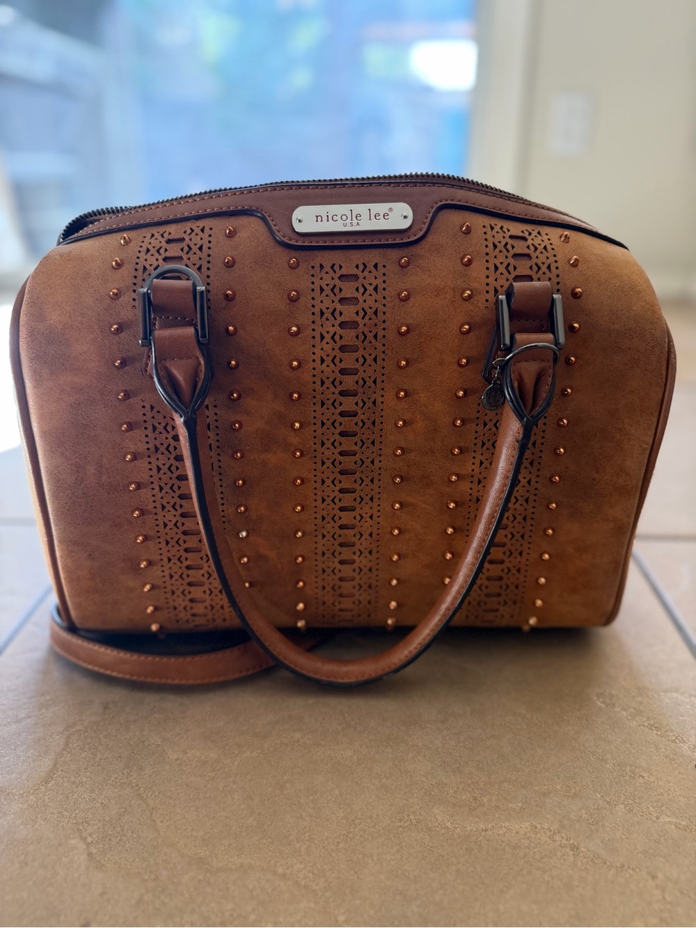 Nicole Lee USA Brown Studded Laser Cut Satchel Bag